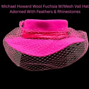 Michael Howard Wool Fuchsia W/Mesh Vail Hat Adorned With Feathers & Rhinestones